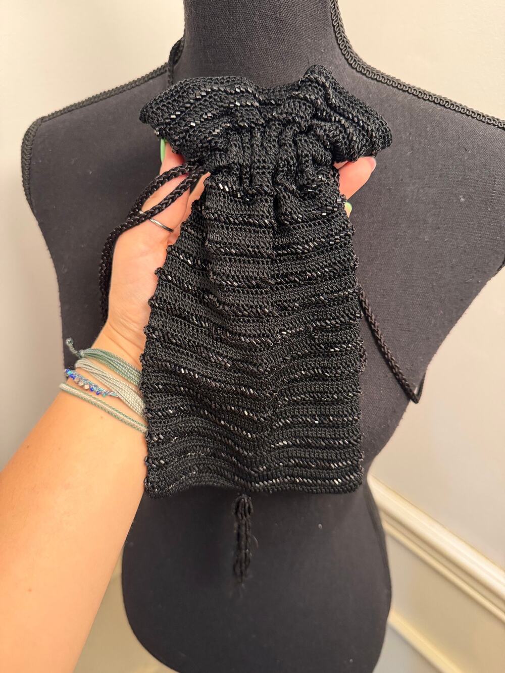 Vintage 90s Carlo Fellini Black Crochet Beaded Drawstring Pouch Evening Purse